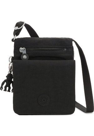 Black fabric crossbody bag with a front zip pocket, adjustable strap, and monkey charm. Features a round logo on the front.