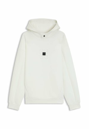 Weißer Hoodie aus weichem Material, mit einer Kängurutasche, einer verstellbaren Kapuze und einem kleinen geprägten Logo auf der Vorderseite.