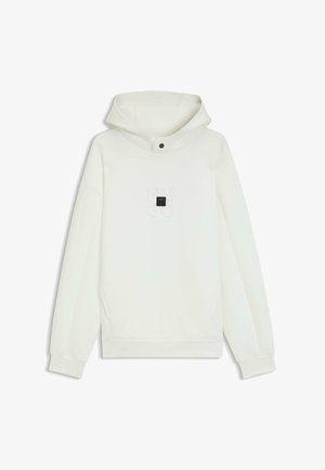 Witte hoodie van zacht materiaal, met een kangoeroezak, een verstelbare capuchon en een klein reliëflogo op de voorkant.