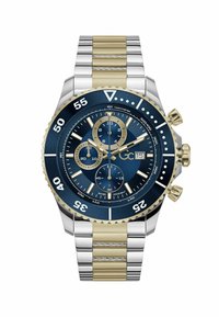 Silver and gold stainless steel watch with a blue chronograph face, tachymeter bezel, three sub-dials, and date window at 3 o'clock.