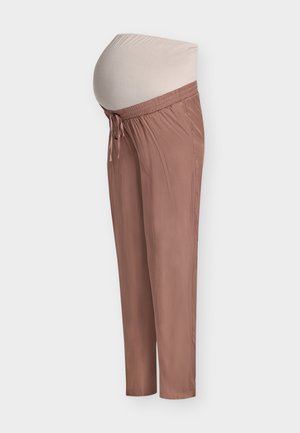 Παντελόνια μητρότητας σε απαλό καφέ χρώμα, με ελαστική ζώνη μέσης και κορδόνι, ελαφρύ ύφασμα με άνετη εφαρμογή και ίσια πόδια.