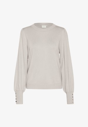 Sivi pleteni pulover s okruglim izrezom, balon rukavima i dugmadi na manžetama. Mekana tekstura, prilagođen u struku.