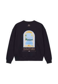 Sweat-shirt noir avec un visuel de fenêtre cintrée colorée représentant une piscine, des palmiers, le soleil et le texte « Luxury Life Dreaming of Monaco » dans le dos.