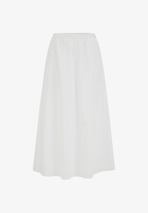 Jupe blanche longue jusqu'aux chevilles avec taille élastique et design simple et fluide sur un fond uni.