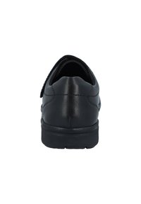 Schwarzer Lederschuh mit abgerundeter Ferse, strukturiertem Obermaterial, verstärkten Nähten und einer Gummisohle, die für Komfort und Stabilität ausgelegt ist.