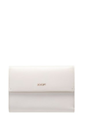 Portafoglio in pelle bianca con chiusura a patta e logo "JOOP!" in oro impresso al centro sul davanti.