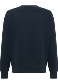 Sweatshirt bleu marine en tissu mélangé coton, avec un col rond, des poignets et un ourlet côtelés, et une texture unie sans motifs visibles.