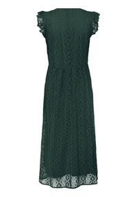Dark green, knee-length dress with a textured pattern, ruffled shoulder details, and lace accents at the hem.