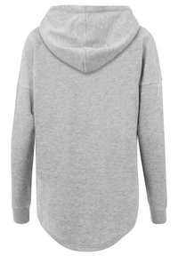 Light gray, long-sleeve hoodie with a round hem, featuring a spacious hood and ribbed cuffs, crafted from soft, textured fabric.