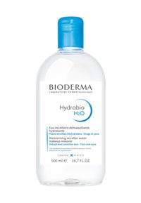 Bioderma Hydrabio H2O, un liquido trasparente in una bottiglia da 500ml con tappo a scatto blu; presenta un'etichettatura del prodotto in testo bianco e blu.