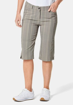Graue karierte, knielange Shorts aus leichtem Material, mit einer Fronttasche, Knopfverschluss und belüfteten Säumen.