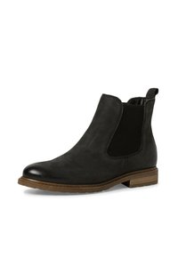 Schwarze Knöchelboots aus Wildleder mit einer glatten Zehenkappe, elastischen seitlichen Einsätzen und einem strukturierten Absatz. Mit einer Holzsohle vollendet.