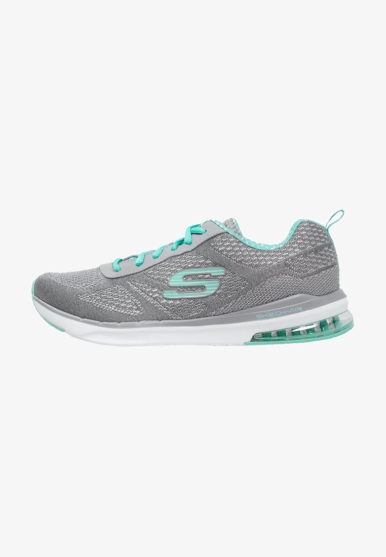 Grå och teal Skechers träningssko med meshuvuddel, vadderad sula, luftkudde i hälen och logotyp på sidan.