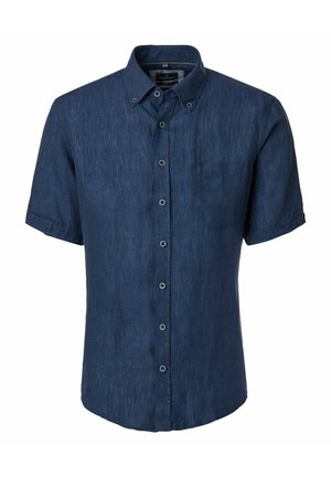 Dunkelblaues Kurzarmhemd mit Knopfleiste, Button-Down-Kragen und einer Brusttasche auf der linken Seite.