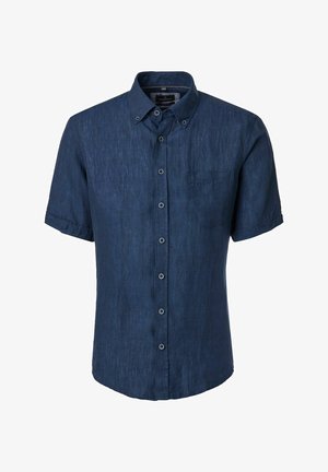 Dunkelblaues Kurzarmhemd mit Knopfleiste, Button-Down-Kragen und einer Brusttasche auf der linken Seite.