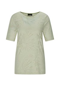 Lichtgroen kortarmig shirt met subtiele bloemachtige tie-dye patronen, ronde halslijn en een gladde stoftextuur.