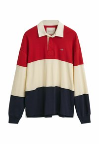 Poloshirt met lange mouwen in rood, crème en marineblauw horizontale strepen, met een kraag en gestikte borstzakdetails.