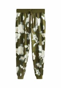 Oliwkowe spodnie dresowe z białym wzorem w kwiaty, elastyczny pas z troczkiem, kieszenie z przodu oraz ściągacze na kostkach.