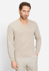 Maglione beige a maniche lunghe con scollo a V, realizzato in tessuto morbido e strutturato. Presenta polsini e orlo a costine, con design aderente.