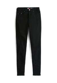 Black slim-fit jeans with five pockets, button closure, and belt loops, laid flat on a white background.