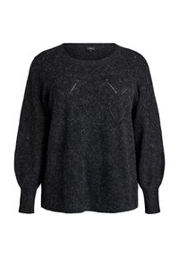 Black knit sweater with a textured finish, featuring a round neckline and loose, puffed sleeves. Diamond-shaped pattern details throughout.