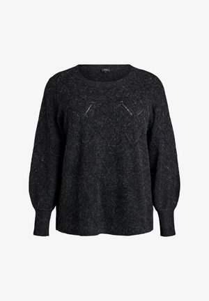 Maglione nero a maglia con finitura testurizzata, caratterizzato da un girocollo e maniche larghe a sbuffo. Dettagli a motivo a diamante in tutto il capo.
