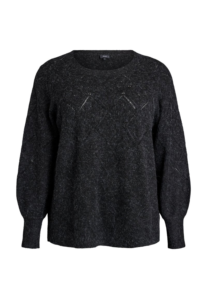 Black knit sweater with a textured finish, featuring a round neckline and loose, puffed sleeves. Diamond-shaped pattern details throughout.