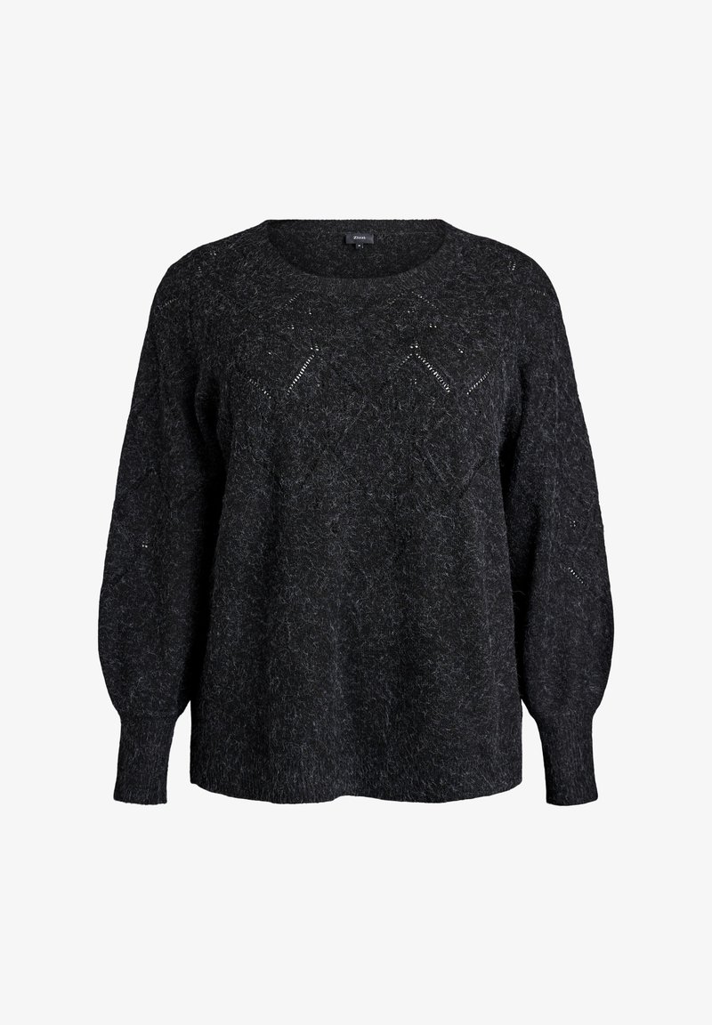 Czarny sweter dzianinowy o teksturowanym wykończeniu, z okrągłym dekoltem i luźnymi, bufiaste rękawami. Wzór w kształcie diamentu na całej powierzchni.