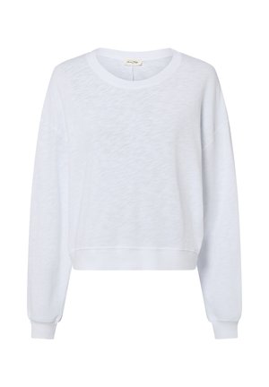 White pullover sweatshirt made of soft, lightweight fabric. Features a round neckline, dropped shoulders, and fitted cuffs.