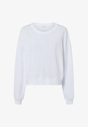 Valkoinen collegepaita, valmistettu pehmeästä, kevyestä kankaasta. Siinä on pyöreä kaula-aukko, laskeutuvat olkapäät ja istuvat hihansuut.