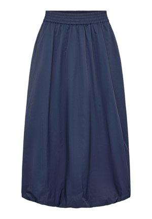 Falda globo azul marino hasta la rodilla con cinturilla elástica fruncida y tela suelta y voluminosa que cae hasta un dobladillo redondeado.
