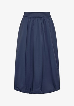 Falda globo azul marino hasta la rodilla con cinturilla elástica fruncida y tela suelta y voluminosa que cae hasta un dobladillo redondeado.