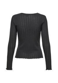 Musta pitkähihainen ribbineulepaita, jossa on pyöristetty kaula-aukko, aaltoileva helma ja pystysuora raidallinen kuosi.