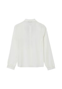Blusa bianca a maniche lunghe realizzata in tessuto morbido, con collo a camicia e polsini elastici. Design semplice con vestibilità ampia.