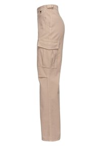 Beiga cargobyxor med sidfickor, raka ben och bälteshällor. Tillverkade av bomullstyg med slät yta, med knappstängning.