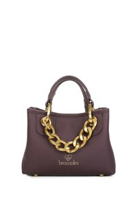 Borsa a tracolla in pelle viola con una forma strutturata, dotata di manico in catena dorata e un accento con logo. Esterno testurizzato con piedini protettivi.