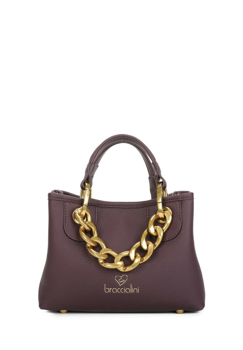 Borsa a tracolla in pelle viola con una forma strutturata, dotata di manico in catena dorata e un accento con logo. Esterno testurizzato con piedini protettivi.