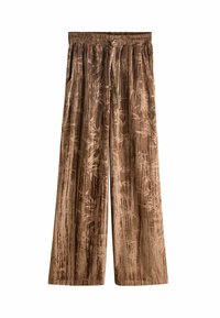 Braune weit geschnittene Samthose mit elastischem Bund, Kordelzug, seitlichen Taschen und subtilem Blattmuster im gesamten Stoff.