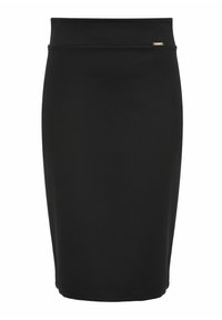 Czarna ołówkowa spódnica z elastycznego materiału, z gładką talią i małym złotym akcentem z przodu. Klasyczny dopasowany krój.