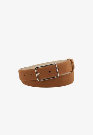 Tan suede belt with a rectangular silver metal buckle, featuring five adjustment holes and a smooth inner lining.
