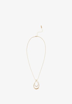 Collier en chaîne dorée avec un pendentif en forme de goutte, design superposé, avec une section embellie de petites pierres claires.