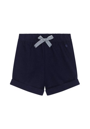 Pantaloncini in cotone blu navy con vita elasticizzata e fiocco a righe sul davanti. Presentano un dettaglio di orlo piegato e una patch con il logo sul lato.