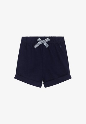 Marineblauwe katoenen korte broek met een elastische tailleband en een gestreepte strik aan de voorkant. Heeft een omgeslagen zoom en een logopatch aan de zijkant.