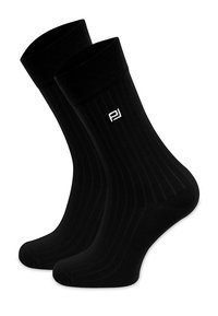 Czarne skarpetki z prążkowanej tkaniny o klasycznym fasonie, wykonane z mieszanki bawełny, z elastycznym ściągaczem i małym białym logo z boku. Miękka tekstura, standardowe dopasowanie.