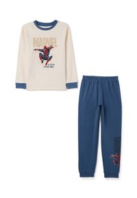 Camisa de pijama de manga larga color crema con detalles en azul y gráfico de Spider-Man; pantalones azul marino con cinturilla elástica y detalle del logo de Marvel.