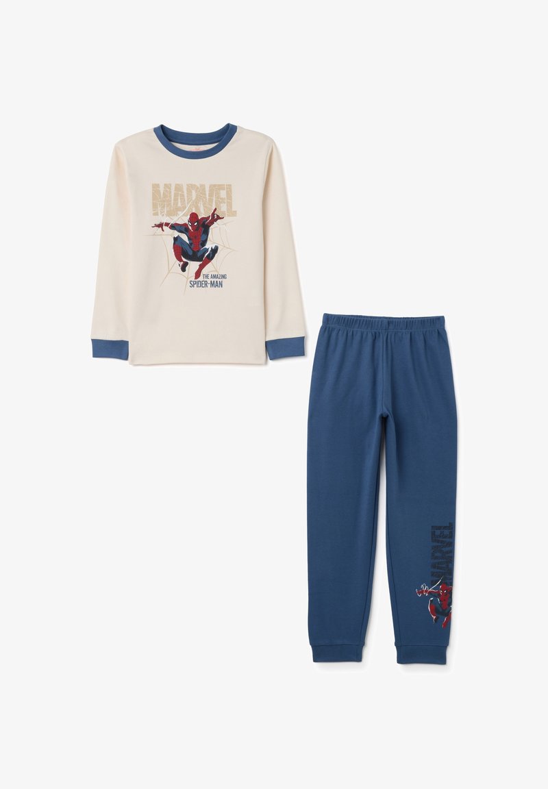 Maglietta da pigiama a maniche lunghe color crema con dettagli blu e grafica di Spider-Man; pantaloni blu navy con cintura elastica e dettagli del logo Marvel.