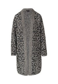Cardigan long gris à l'avant ouvert avec un motif léopard noir et blanc, manches longues et texture en tricot douce.