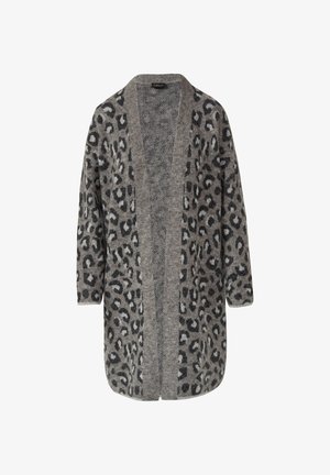 Long, open-front gray cardigan with black and white leopard print pattern, long sleeves, and soft knitted texture.