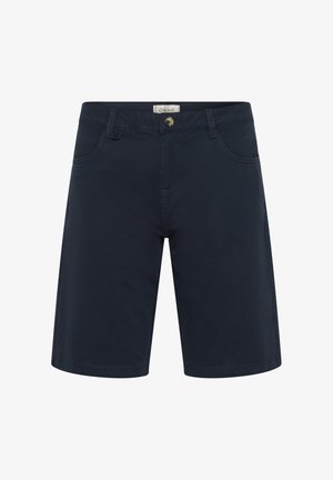 Navy blue knee-length shorts with button closure, belt loops, and front pockets, displayed on a white background.