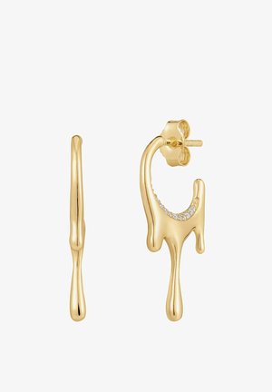 Goldene Ohrringe mit einem Tropfen-Design und einer Reihe kleiner funkelnder Steine. Die Ohrringe verfügen über einen Steckverschluss für sicheren Halt.
